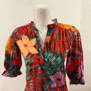 Maude Vivante Vibrant Floral Hawaiian Tiered Midi Dress Size XS Tropical Vacay